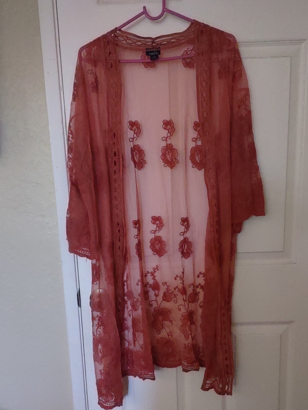 Rue21 Sheer Embroidered Floral Kimono Robe in Rust Size XL